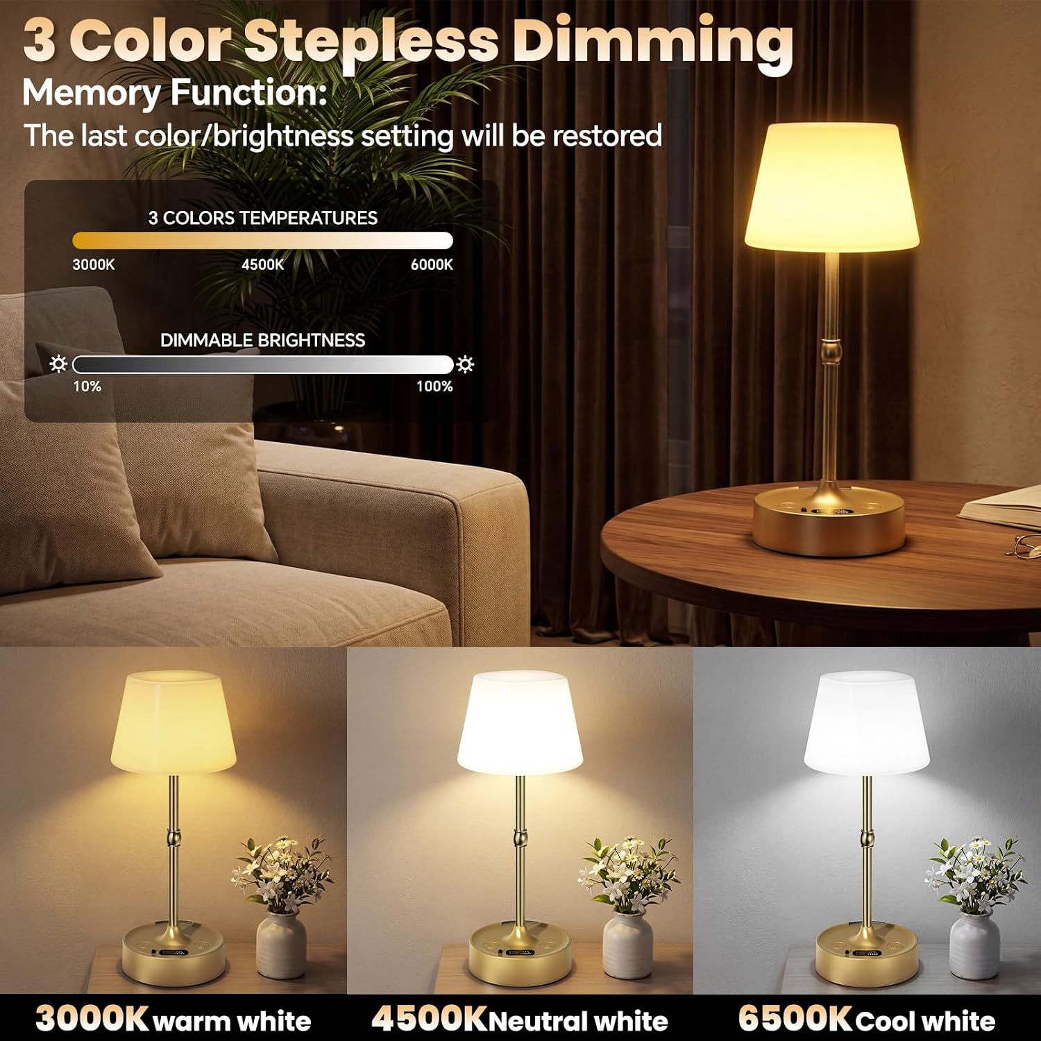 Rechargeable Cordless Table Lamp - Built-in Rechargeable Battery Operated Lamp, Touch Control Stepless Dimming, for Bedside Night Lamp…
