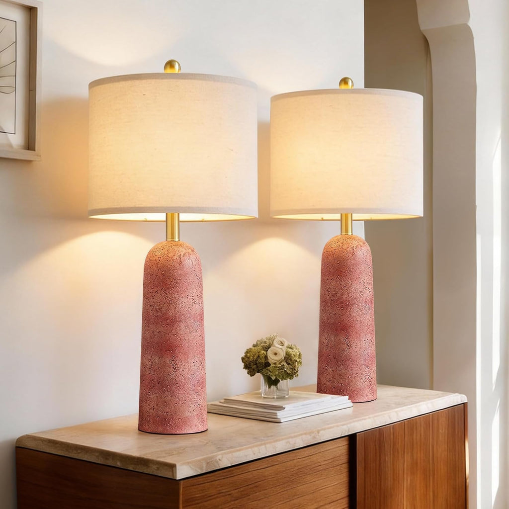BOBOMOMO 27.25" Modern Table Lamp Set of 2, Red Resin Table Lamps with Stone Look, Lamps for Living Room with Linen Shades, Bedside Lamps…