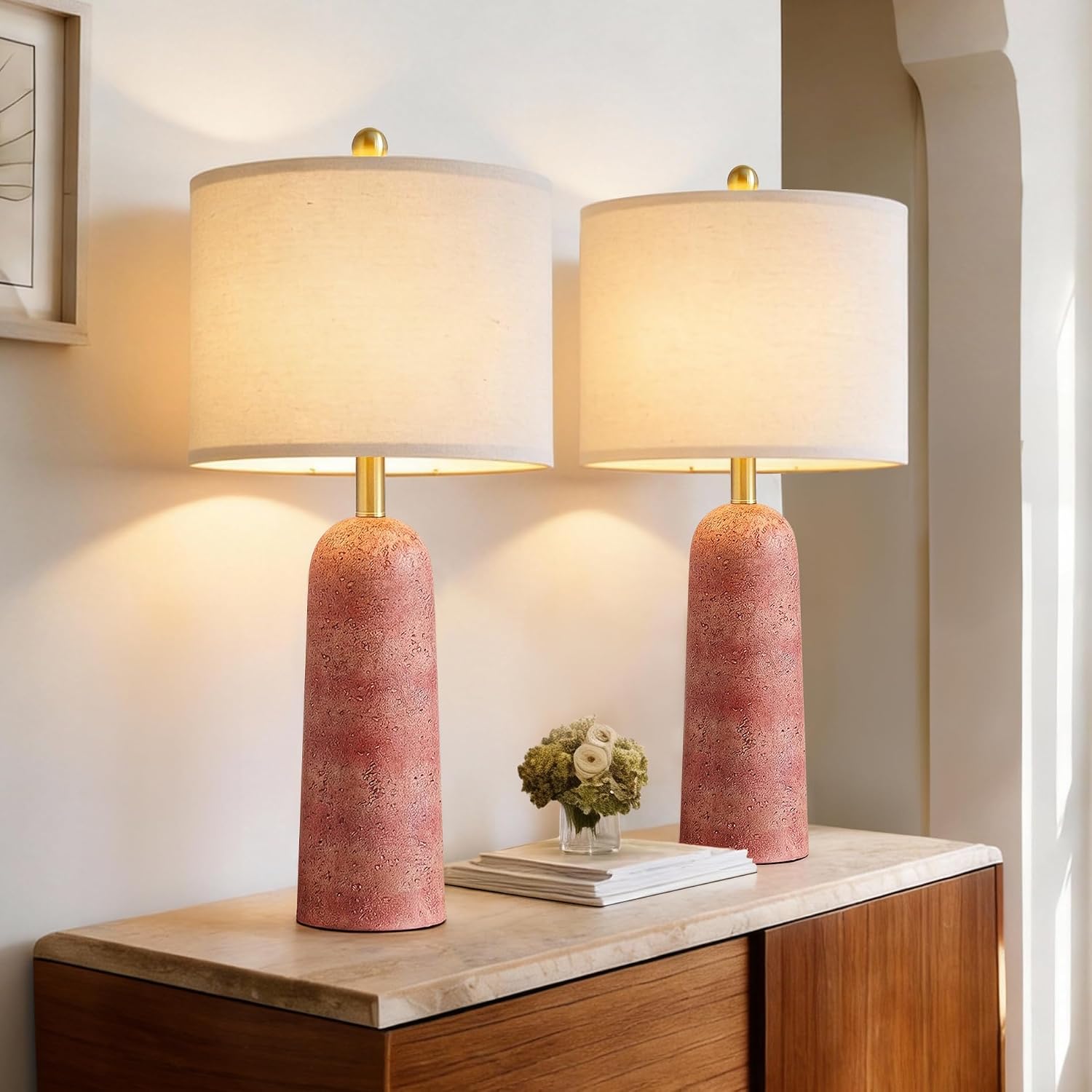 BOBOMOMO 27.25" Modern Table Lamp Set of 2, Red Resin Table Lamps with Stone Look, Lamps for Living Room with Linen Shades, Bedside Lamps…