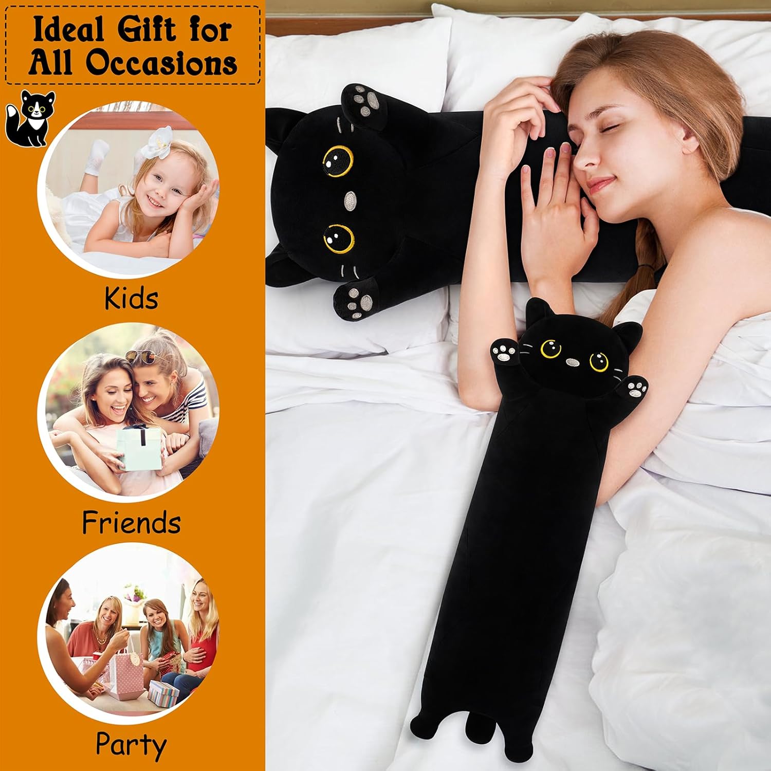 Large Cat Stuffed Animal-35.5” Black Cat Plush, Cute Plushies Long Animal Body Pillows, Kawaii Big Plush Toys Animals Gifts, Animals…