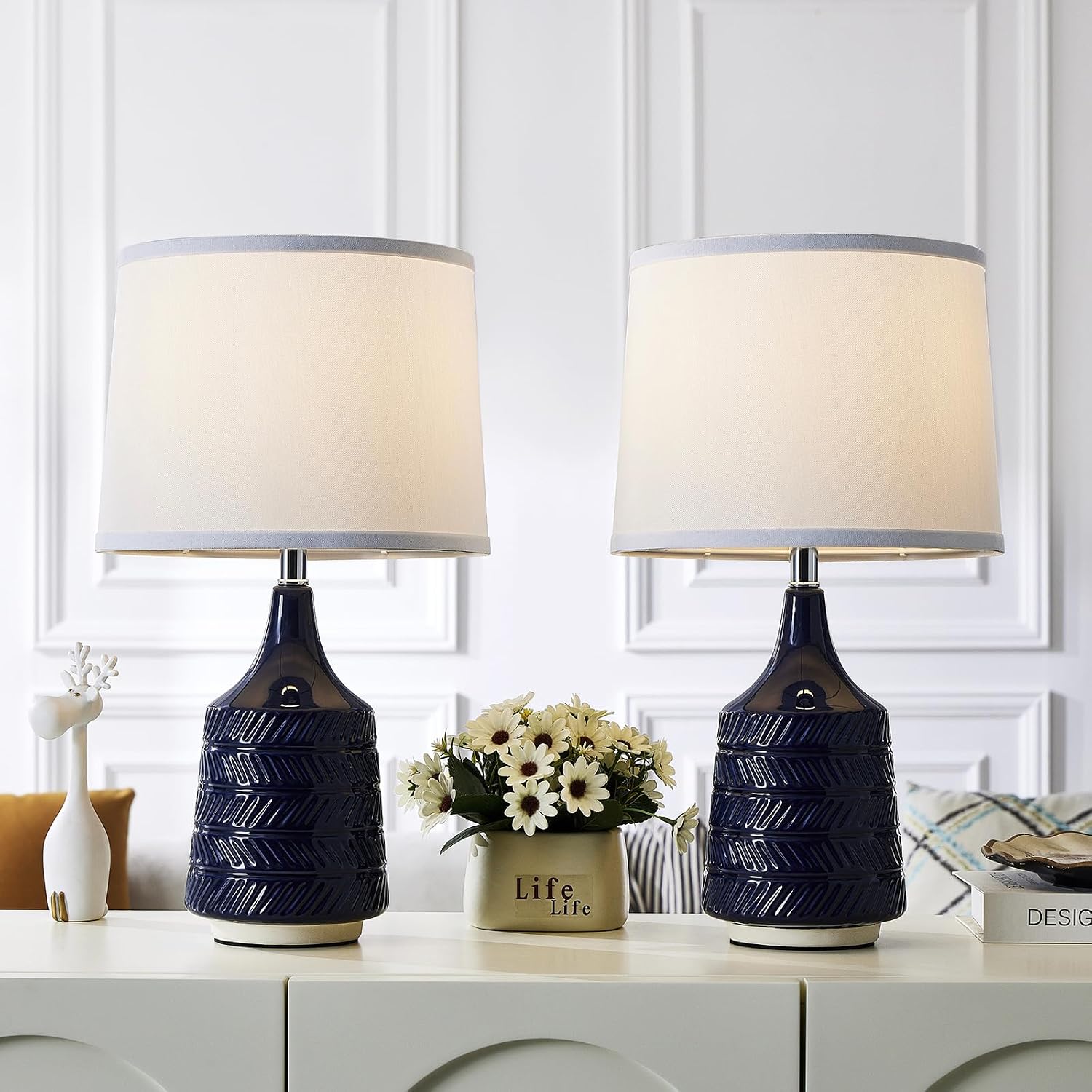 Dark Blue Ceramic Table Lamps Set of 2, 18.5" Modern Bedside Lamps for Night Stands, Classic Small Lamps for Living Room End Tables…