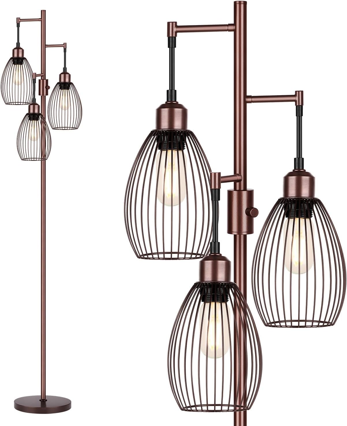 Dimmable Floor Lamp, 3 x 800LM LED Edison Bulbs Included, Farmhouse Industrial Floor Lamp Standing Lamp with Elegant Teardrop Cage Head…