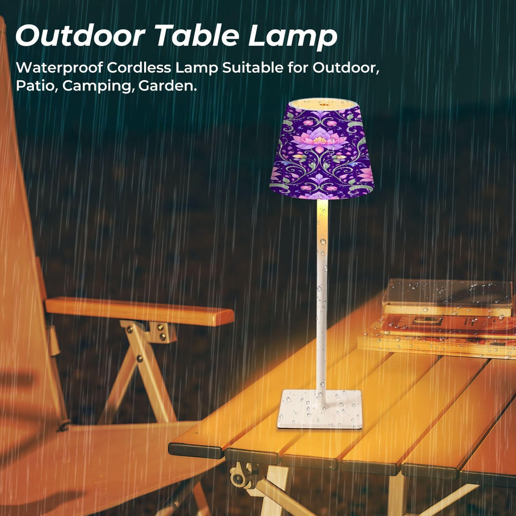 Cordless Mahjong Lamp Pink Lotus Floral Deep Purple Ornamental Vines Small LED Lamp 3 Color Dimmable Rechargeable Lamps for Mah Jong…