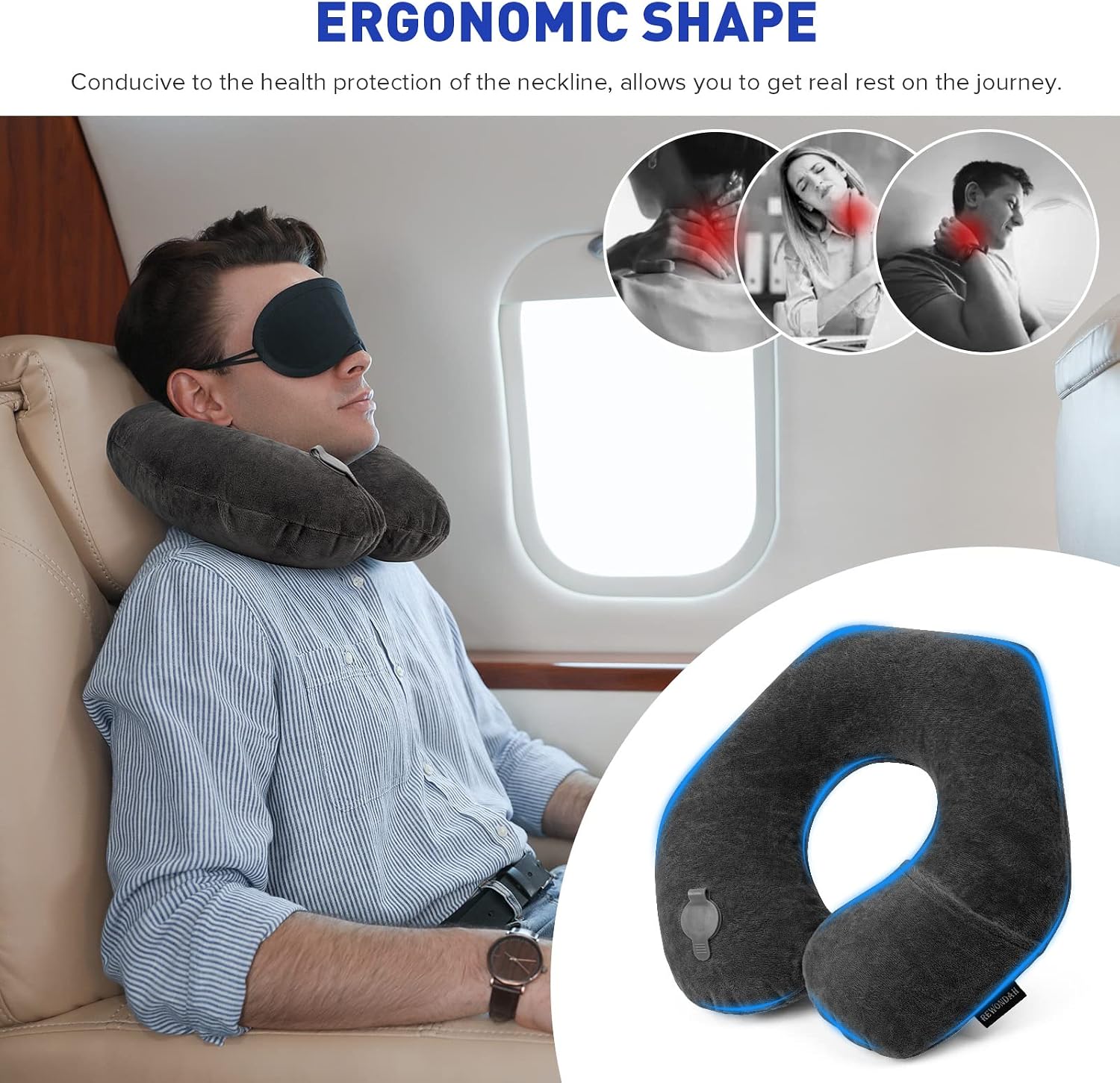 Rewondah Inflatable Travel Pillow, Inflatable Neck Pillow for Traveling Airplane, Travel Pillow with Soft Velour Washable Cover, U Shape…