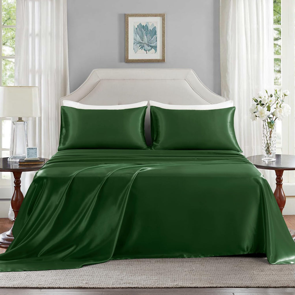 Golal Satin Sheets Queen Size - 4 Pieces Luxury Silky Soft Bed Sheets, Wrinkle-Free Dark Green Satin Silk Sheet Set with 1 Deep Pocket Fitt…
