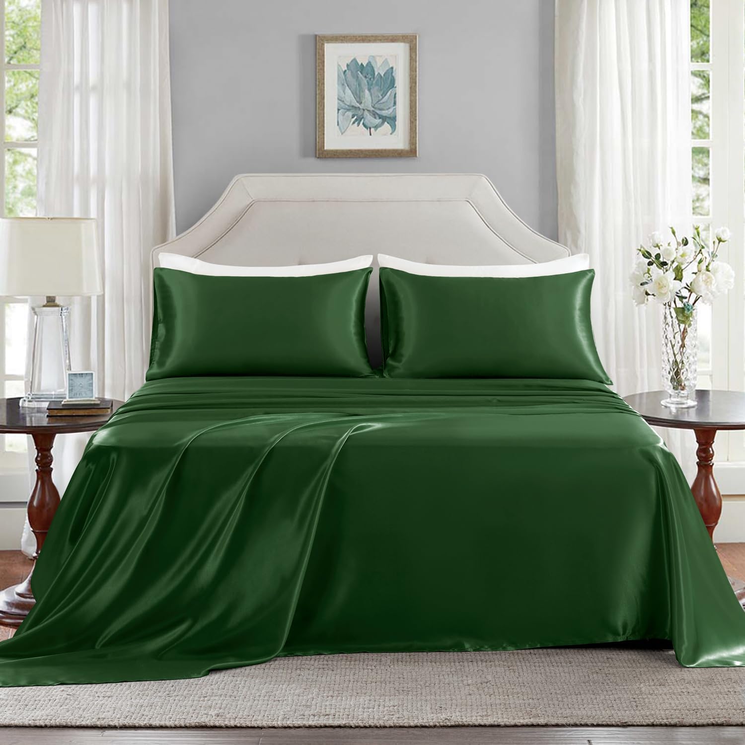 Golal Satin Sheets Queen Size - 4 Pieces Luxury Silky Soft Bed Sheets, Wrinkle-Free Dark Green Satin Silk Sheet Set with 1 Deep Pocket Fitt…