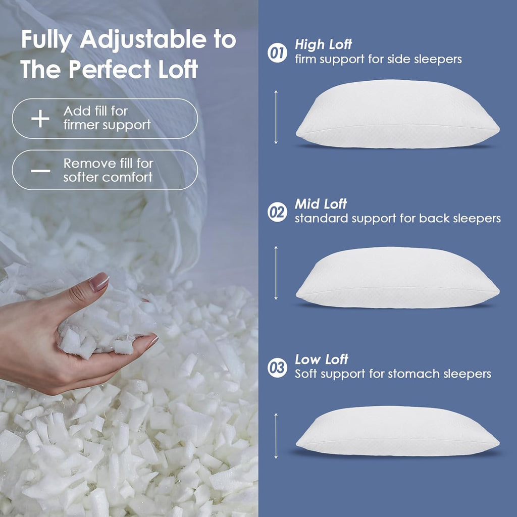 Cooling Adjustable Memory Foam Pillows King Size Set of 2, Bamboo Firm Pillow w/Washable Zippered Cover, Luxury Bed Pillow for Side, Back…