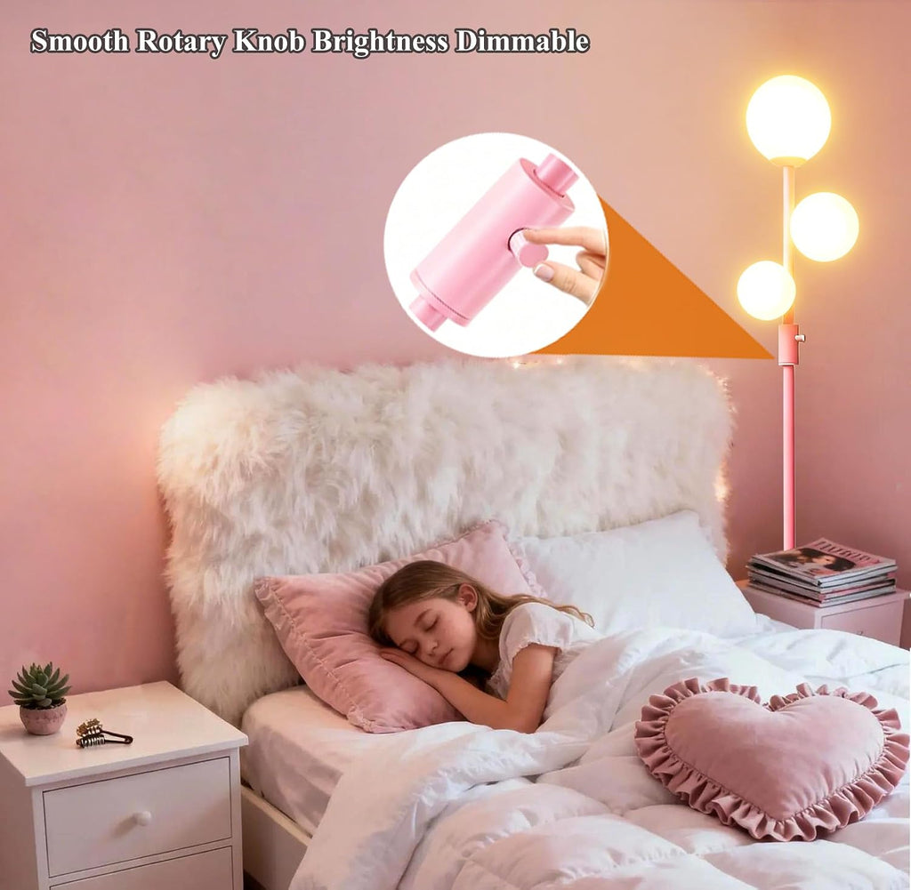 Fiqevs Modern Pink Globe Floor Lamp with Frosted Glass Shade and LED Bulbs, Dimmable Elegant Standing Lamp with Foot Pedal, Tall Pole Lamp…