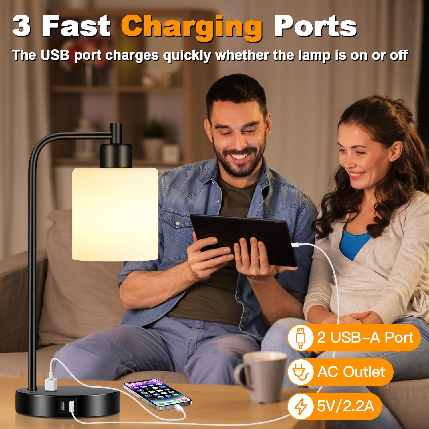 Set of 2 Industrial Touch Control Table Lamps with 2 USB Ports and AC Outlet - 3-Way Dimmable Black Bedside Lamp Nightstand Desk Lamps…