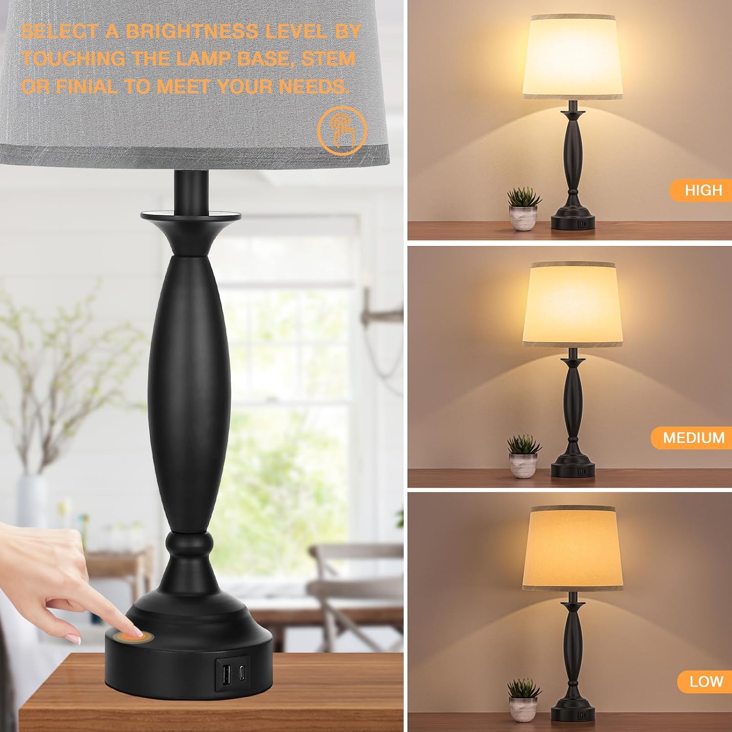 Seealle Grey Lamps for Bedrooms Set of 2 - Touch Control Bedside Lamp with USB C+A, 3 Way Dimmable Nightstand Lamps with USB Port, Table…