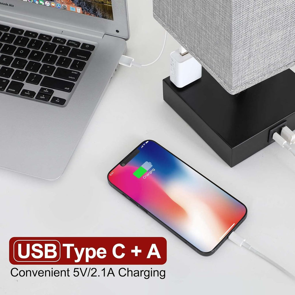 Bedside Table Lamp for Bedroom - Touch Small Lamp with USB C+A Charging Ports & AC Outlets, 3 Way Dimmable Nightstand Light for Living…