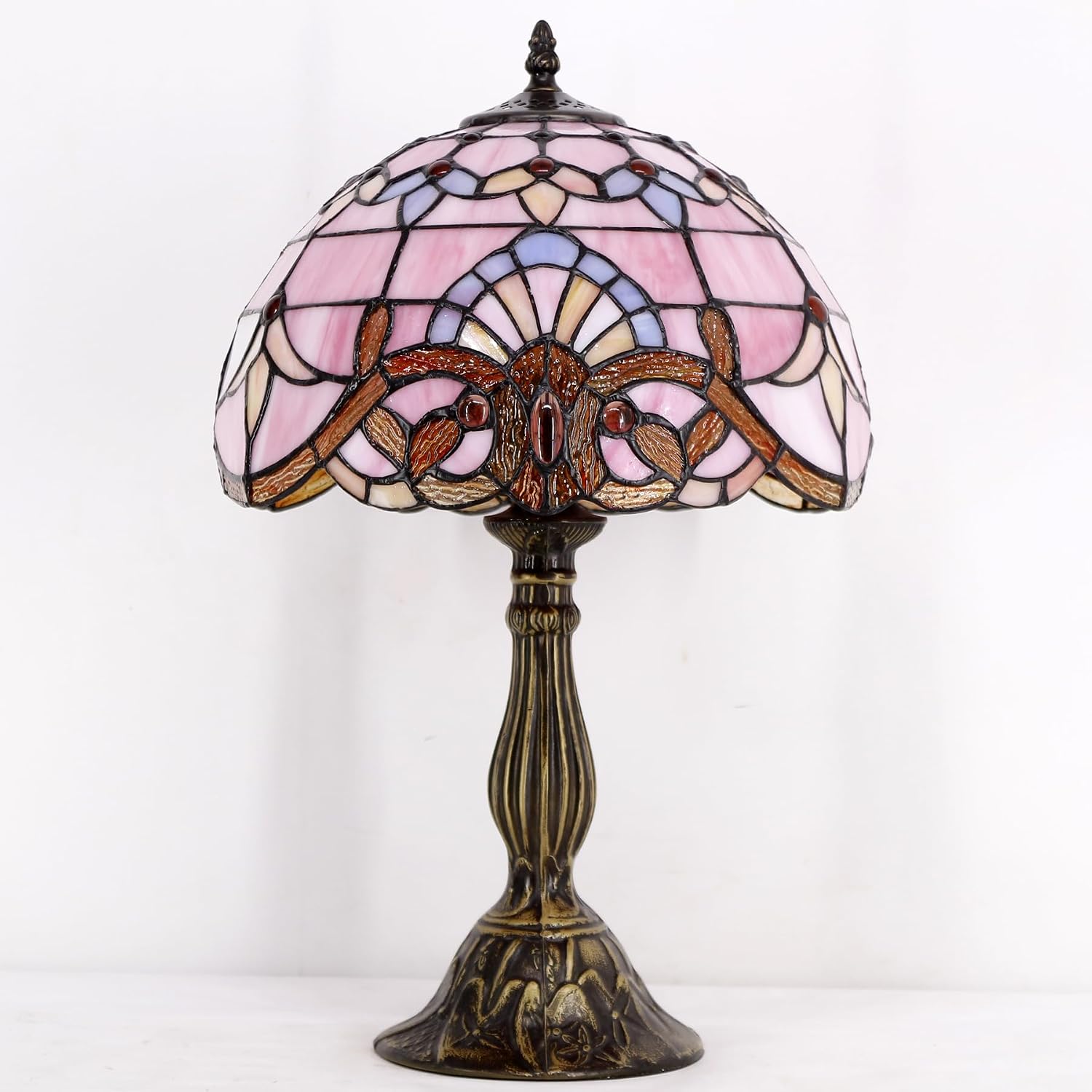 WERFACTORY Tiffany Lamp Stained Glass Table Lamp 12X12X18 Inch Pink Baroque Style Lavender Bedside Reading Desk Light Decor Bedroom…