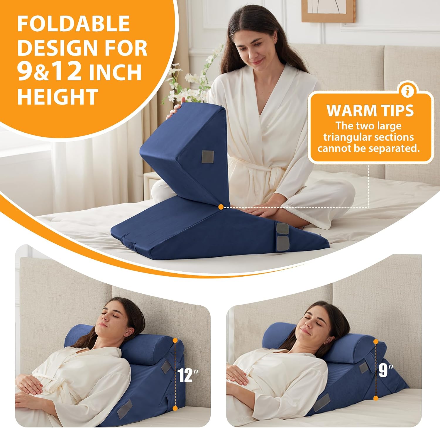 Ruqmuis 3PCS Wedge Pillow Set for After Surgery, Adjustable 9&12 Inch Bed Wedge Pillow for Sleeping, Incline Pillow Wedge for Headboard, Po…