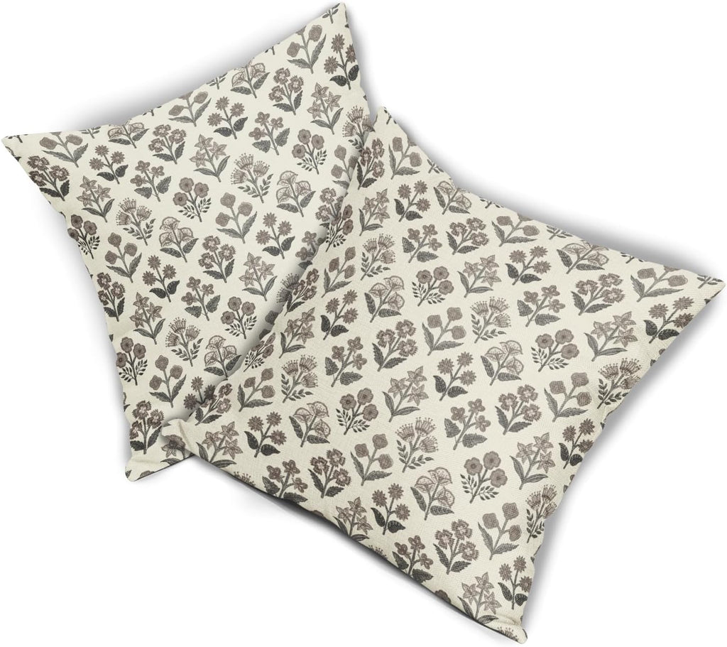 Black Dark Brown Floral Pillow Covers 16x16 Inch Set of 2, Vintage Flower Block Print Pattern Decorative Throw Pillowcases Outdoor Rustic…