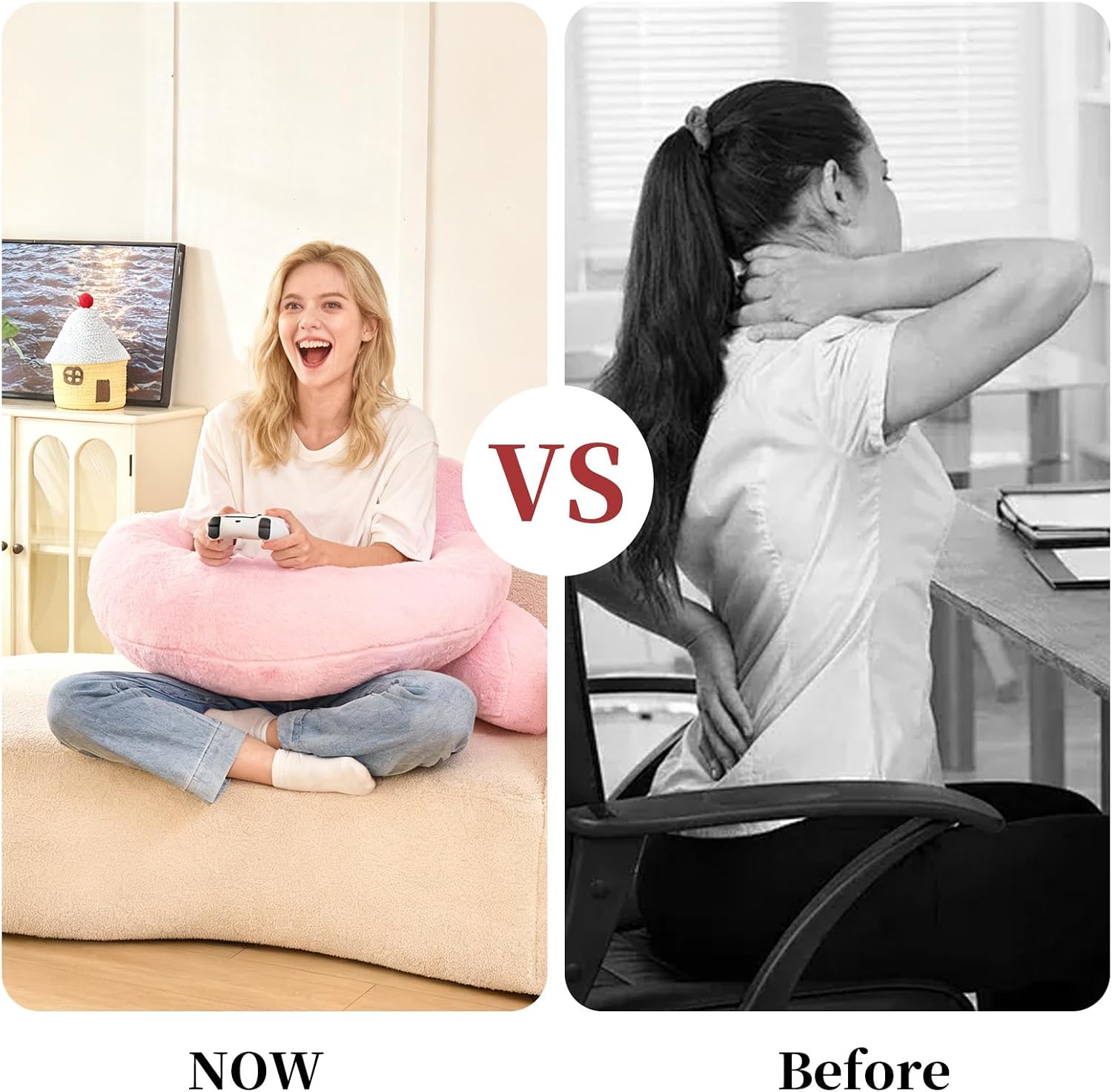 19" Faux Fur Reading Pillow for Bed, U Shaped Support Cushion with Lumbar & Arms, Luxurious Soft Backrest for Gaming, Lounging, Watching…