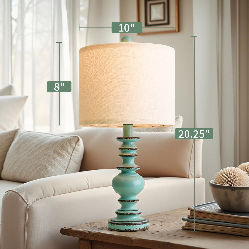 BOBOMOMO 20" Distressed Teal Bedside Lamps Set of 2, Hand-Painted Vintage Resin Lamps with Linen Shades, Cottage Farmhouse Lamp for…