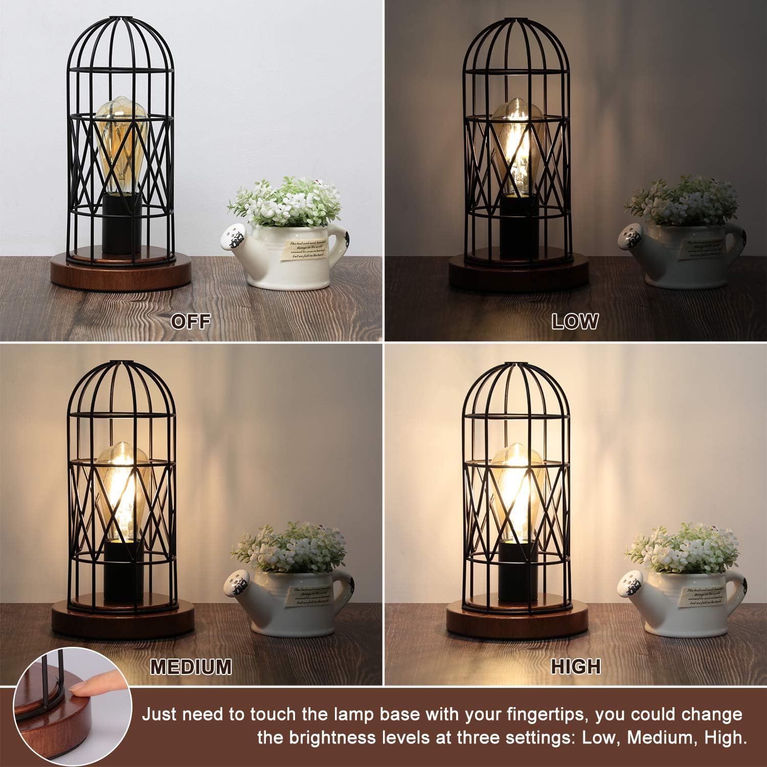 Touch Control Table Lamp, Industrial Bedside Lamp with 3 Way Dimmable, Small Nightstand Vintage Metal Cage Desk Lamps, Steampunk Table…