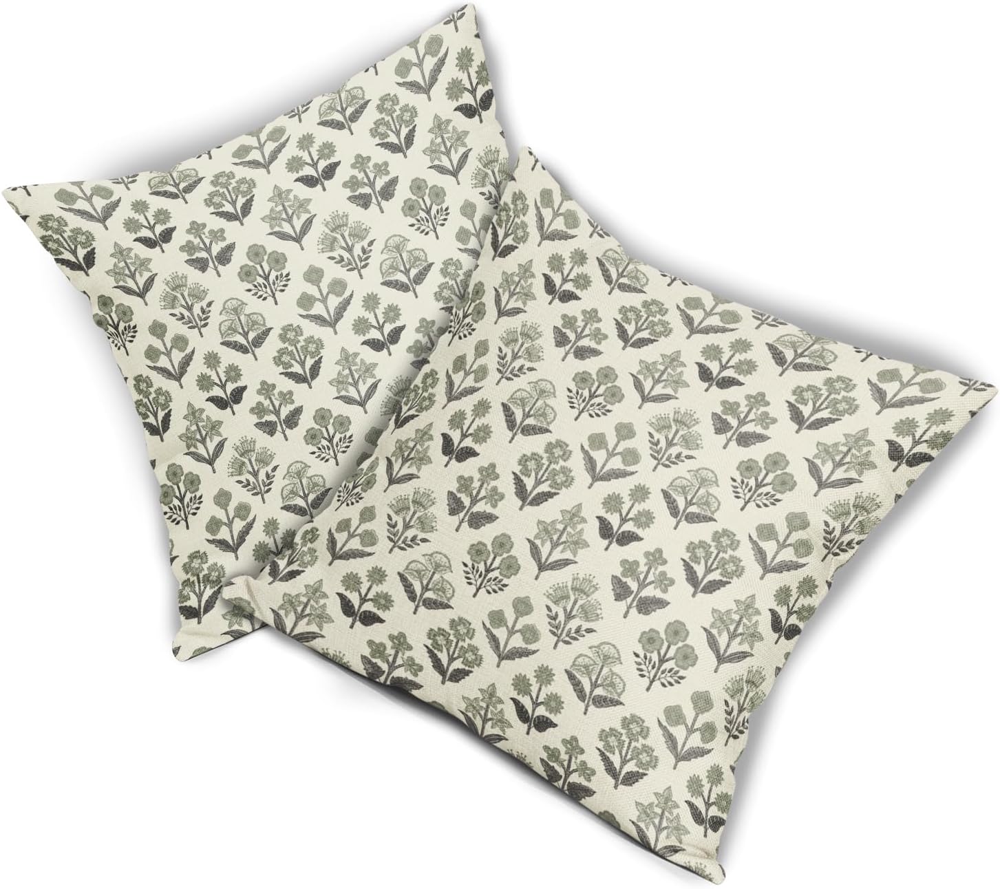 Black Sage Green Floral Block Print Pillow Covers 24x24 Inch Set of 2, Vintage Flower Pattern Spring Summer Decorative Throw Pillowcases…