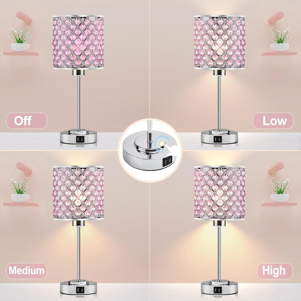 GyroVu Crystal Table Lamp, Bedside Crystal Lamp, Dimmable Touch Nightstand Lamp with USB-C+A Charging Ports Pink Night Lights Decorative…