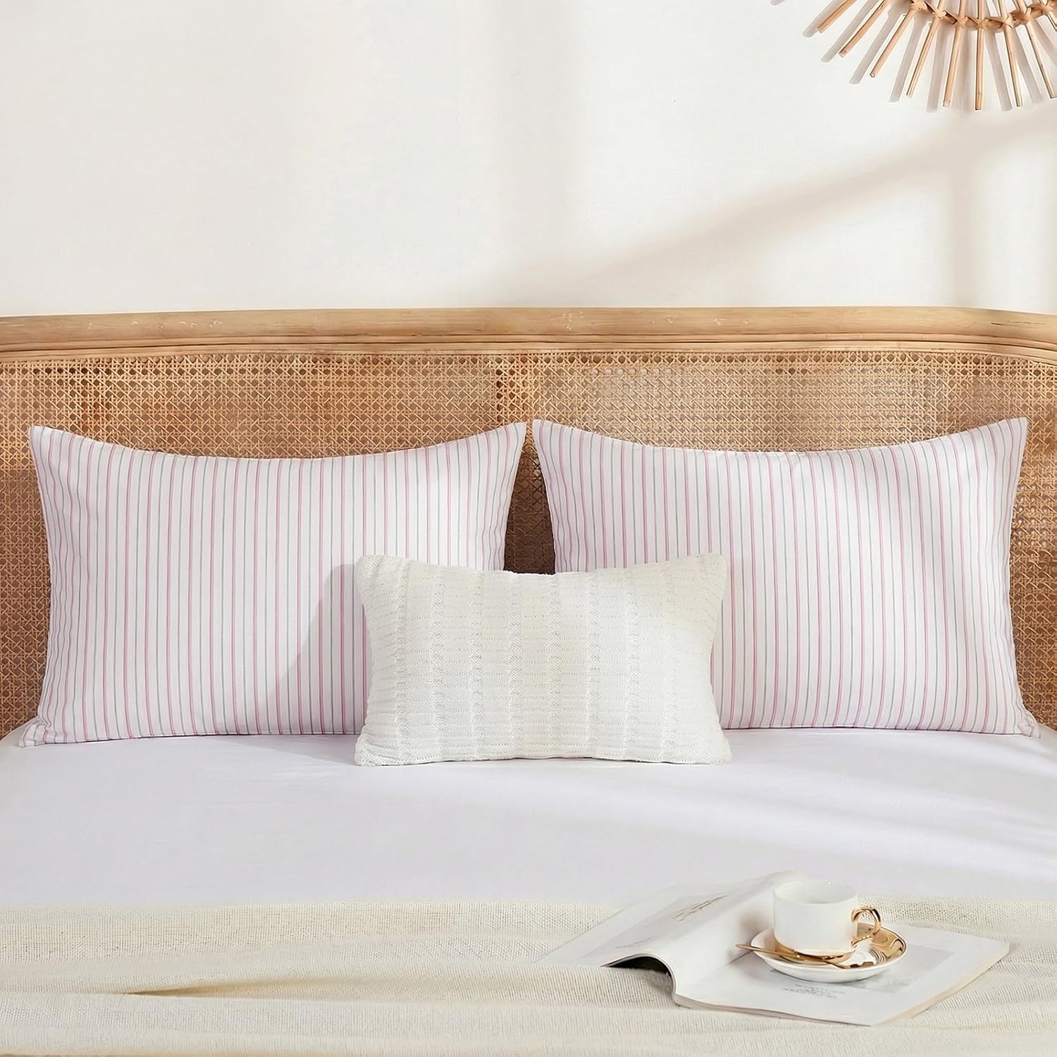 Merryword King Size Pillowcases, 100% Cotton Pillow Cases, White & Pink Striped Pillowcases, Soft Breathable Ticker Stripe Pillow Covers, S…