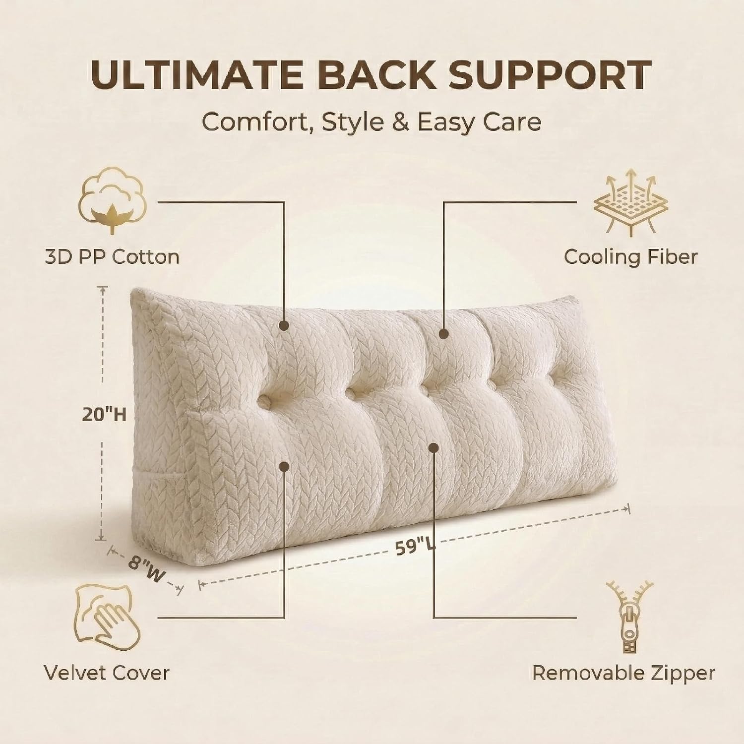Headboard Pillow Queen Size, Reading Pillow for Bed, Leaf Pattern Wedge Pillow, Tufted Backrest Support, Headboard Substitute, Beige