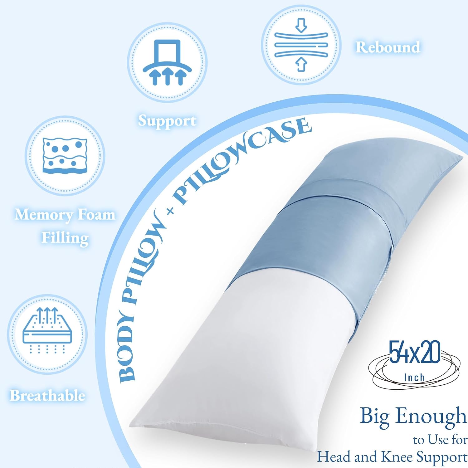 Ubauba Memory Foam Body Pillow with Cover, Full Large Body Pillows Insert for Adults with Envelope Closure Pillowcase, Firm & Fluffy Long…
