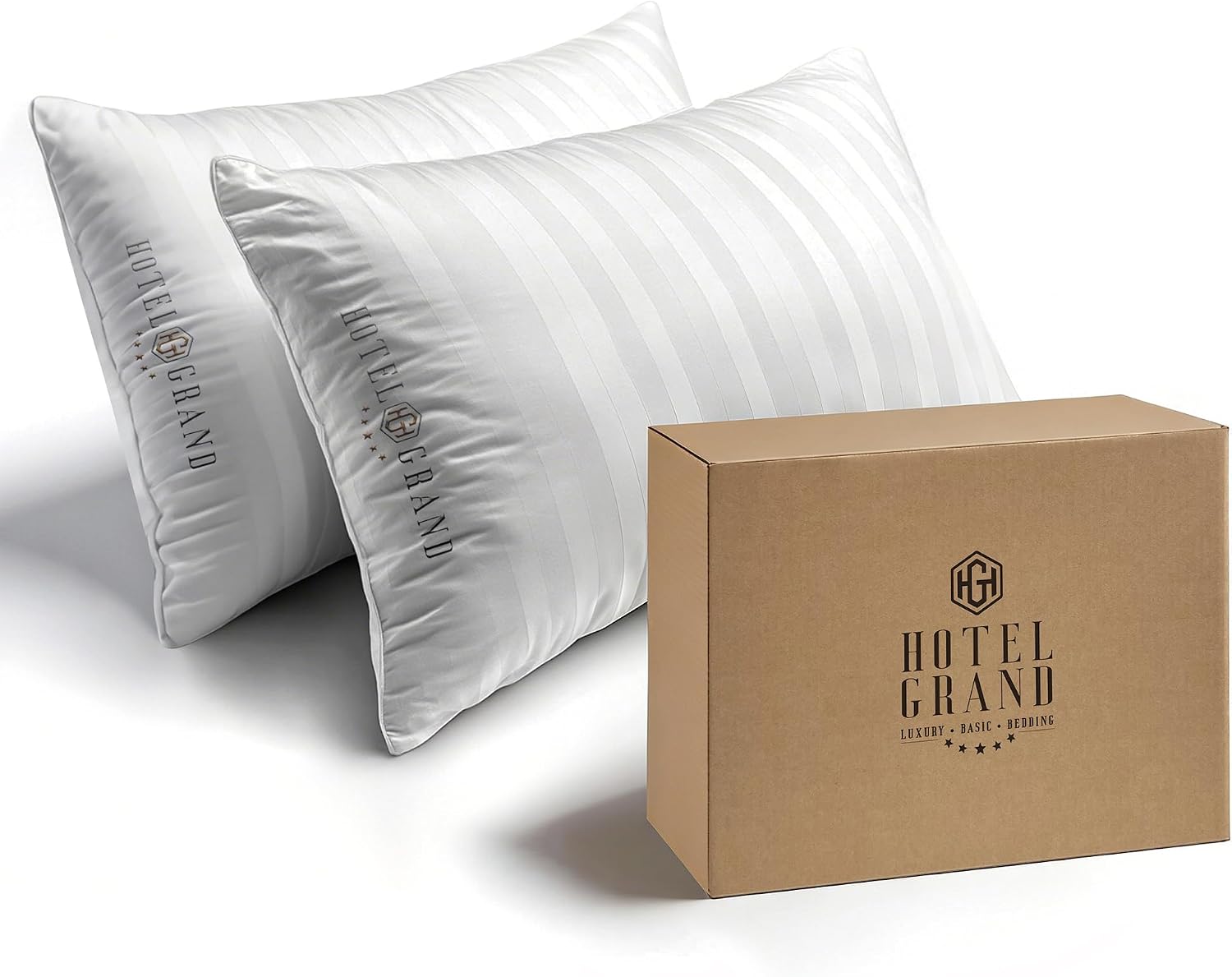 Hotel Grand Bed Pillows King Size Set of 2 Packs - 500 Thread Count 100% Cotton Medium Firm Hypoallergenic Feather Down Pillows Machine…