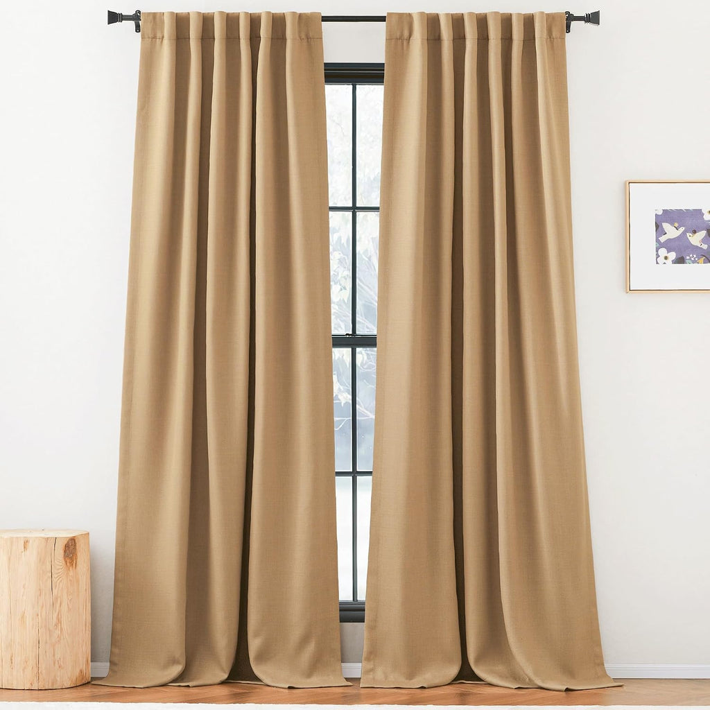 Nicetown Thick Faux Linen Room Darkening Caramel Curtains 96 inches Long, Pinch Pleated Faux Linen Curtains Thermal Insulated Window Treatm…