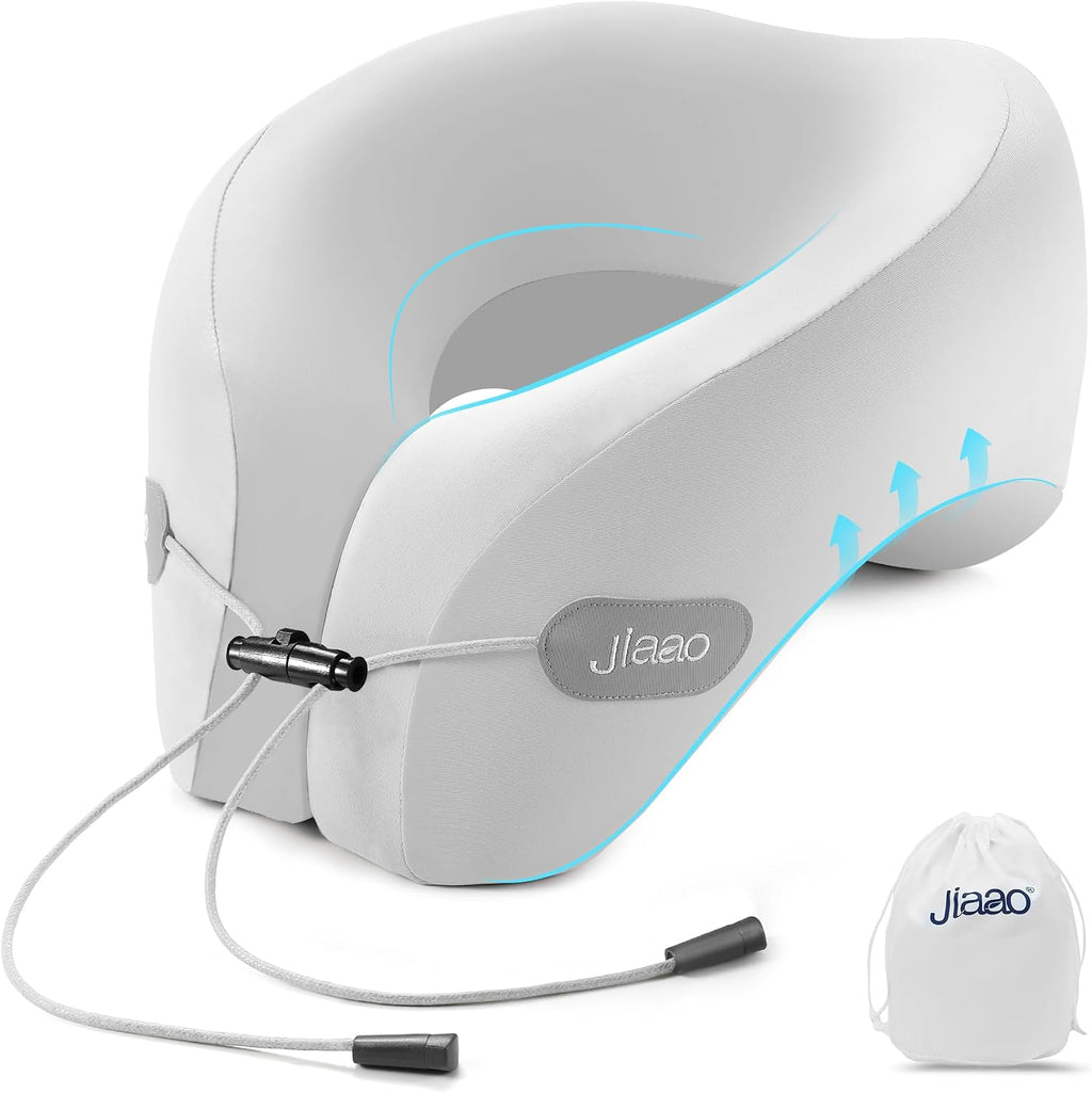 jiaao Travel Pillow Memory Foam Neck Pillow for Airplanes with Adjustable Drawstring Support, Gray Travel Neck Pillow for Flights, Road Tri…