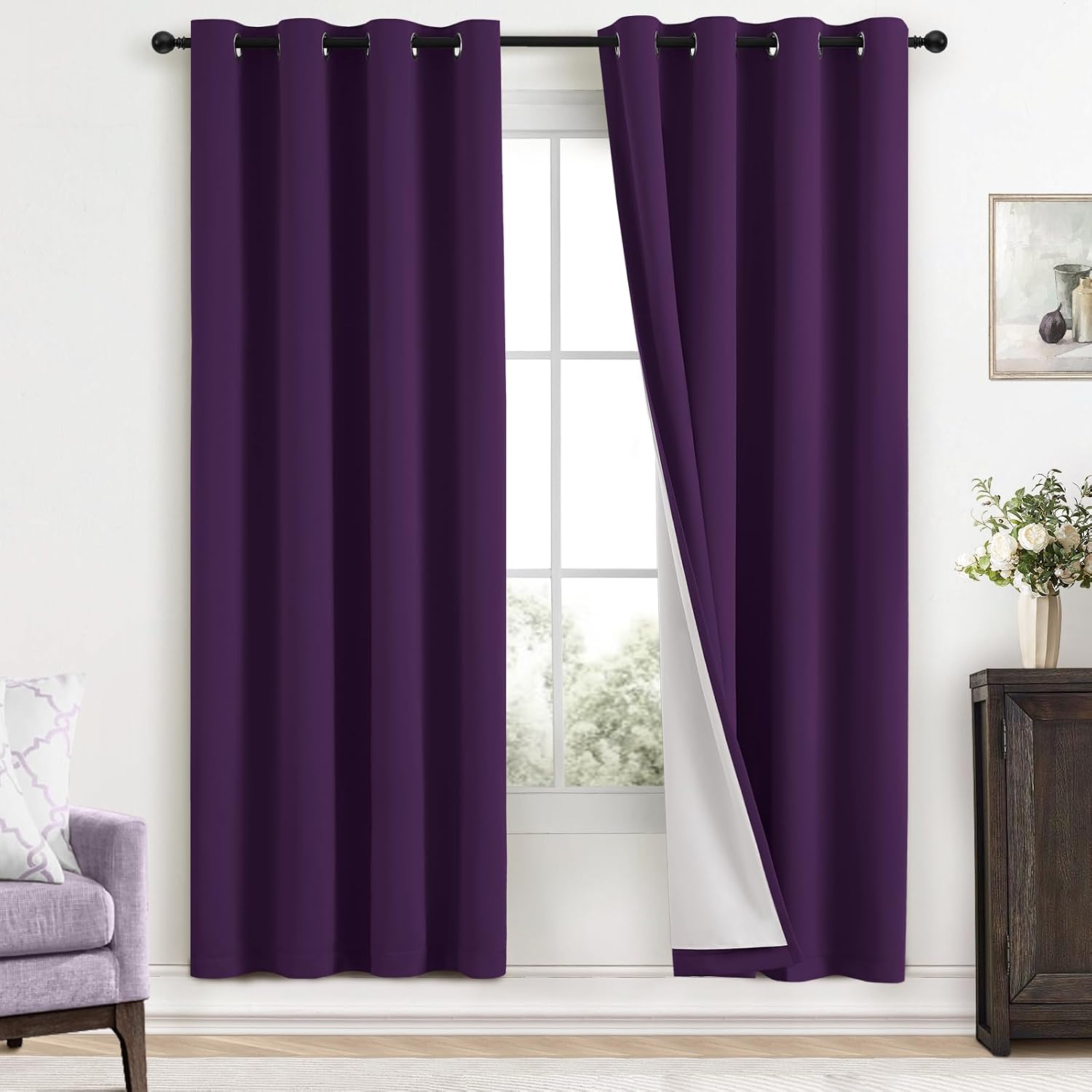 Yakamok Room Darkening 100% Blackout Curtains Grommet Window Treatments with 2 Thick Layers-Purple Thermal Insulated Drapes Set of 2 Panels…