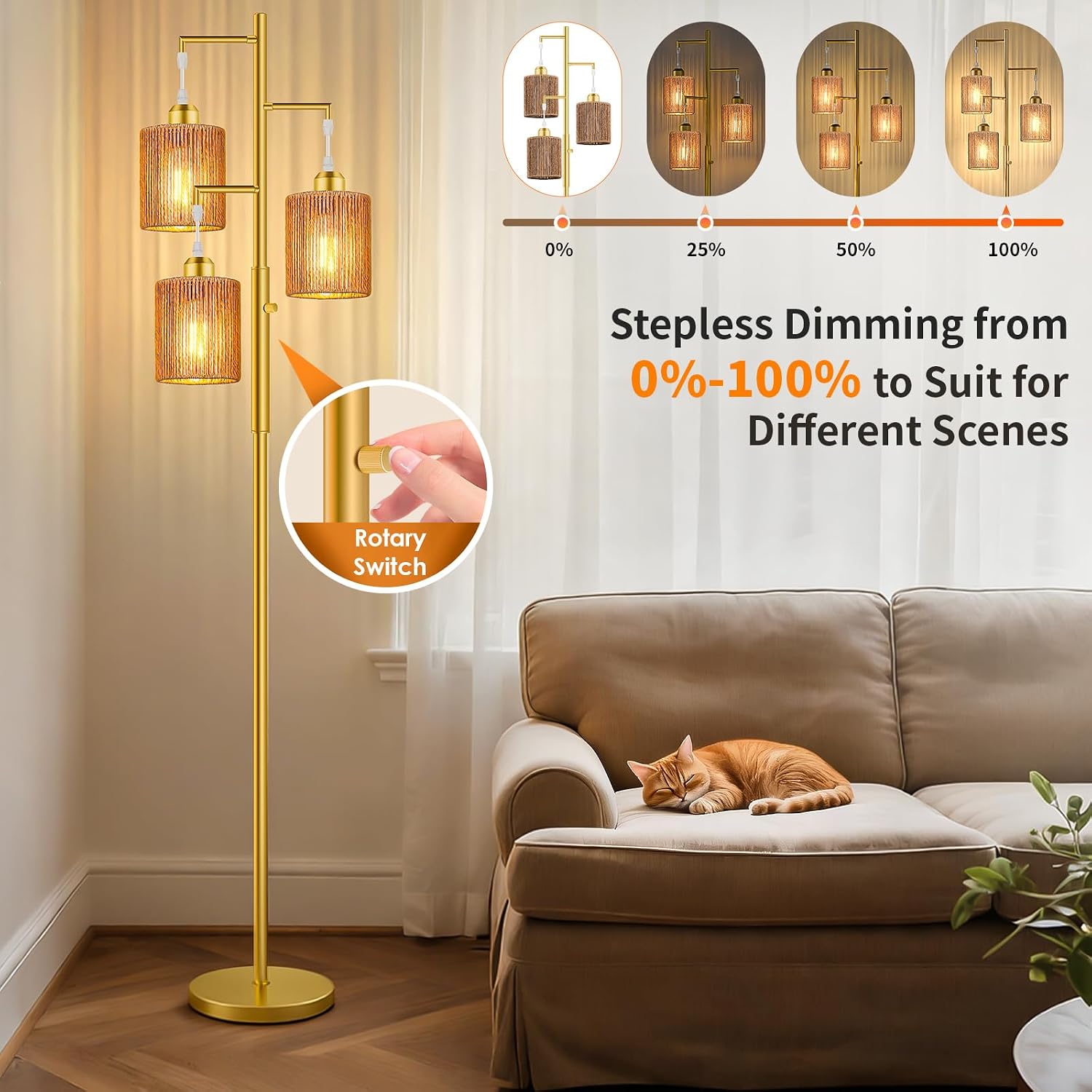 Hotsonic 72" Tall Boho Rattan Style Floor Lamp with Hand-Woven Paper Cord Shade, Dimmable Industrial Tree Standing Lamp for Living Room…