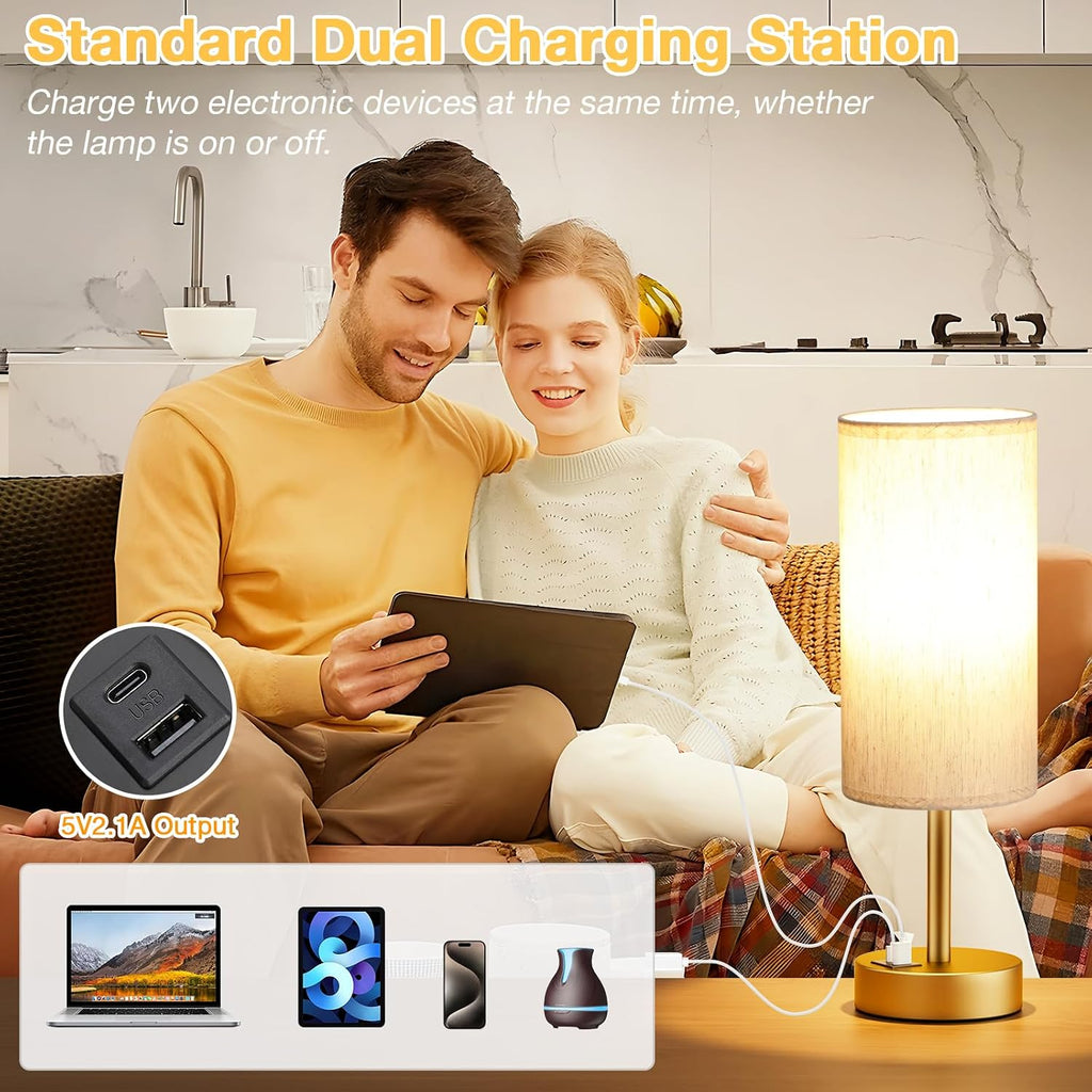 Dicoool Small Touch Bedside Lamp with USB - 3 Way Dimmable Gold Table Lamp for Bedroom, Nightstand Lamp with Gold Charging Station for…