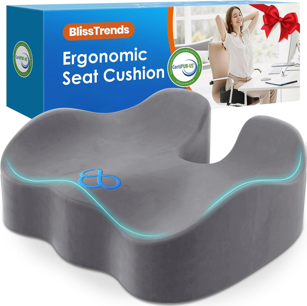 BlissTrends Seat Cushion,5.2in Thick Memory Foam Cushions for Office Chair, Car Seat, Airplane, Relieving Pressure Tailbone Sciatica Back P…