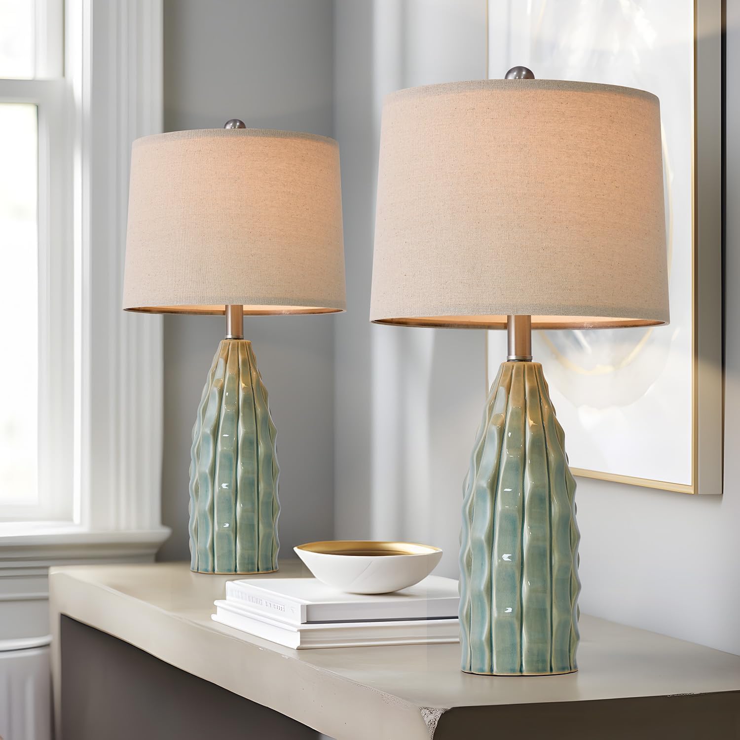 USumkky Ceramic Table Lamps Set of 2, 23.75" Modern Farmhouse Bedside Lamp - Green Nightstand Lamps for Bedroom, Boho Living Room End…