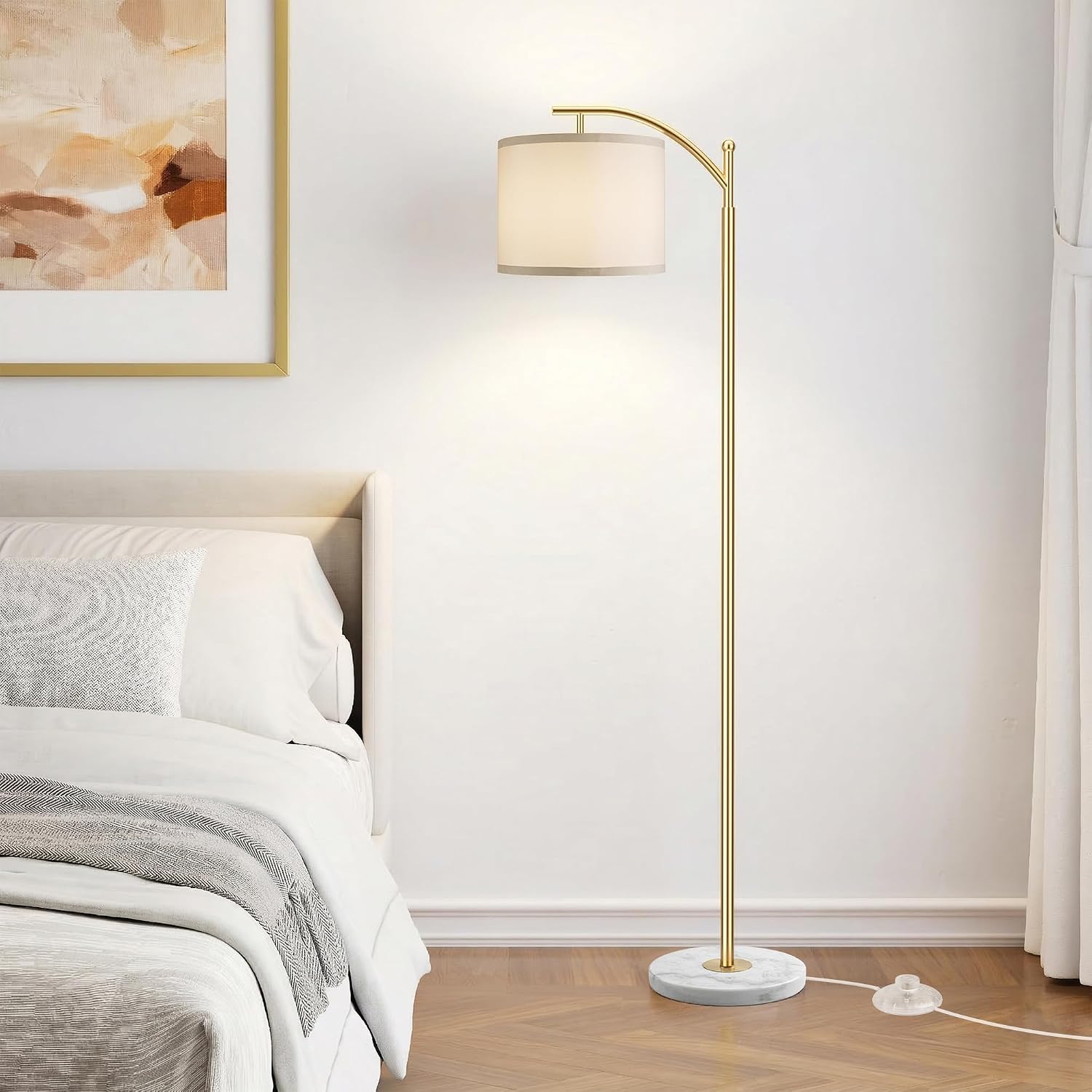 ROTTOGOON Gold Floor Lamp for Living Room with Marble Base, Modern Standing Lamp with 3 Color Temperatures Bulb & Adjustable Linen Shade…