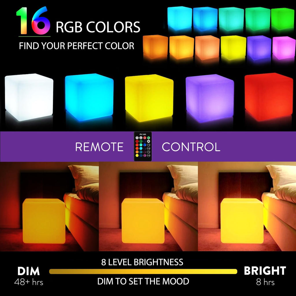 Mr.Go 16-Inch Rechargeable LED Cube Chair Light, 16 RGB Colors Glow Cube Seat w/Remote, Waterproof LED Cube Table, Color Changing Cubes…
