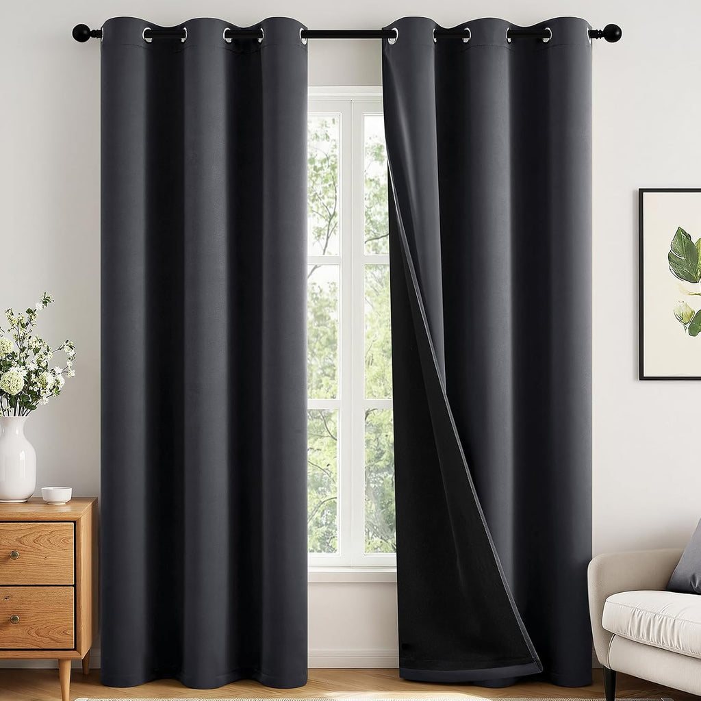 Miulee Grey 100% Blackout Curtains for Bedroom 90 Inch Long, 2 Thick Layers Thermal Insulated Black Out Window Curtains with Black Liner, N…