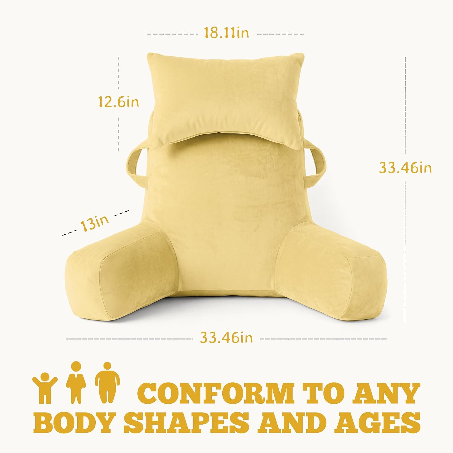 Unisakey Portable Reading Pillows with Headrest for Bed Sitting Up(Yellow Oeko-Tex), Velvet Back Pillow with Arms & Pockets for Adults…