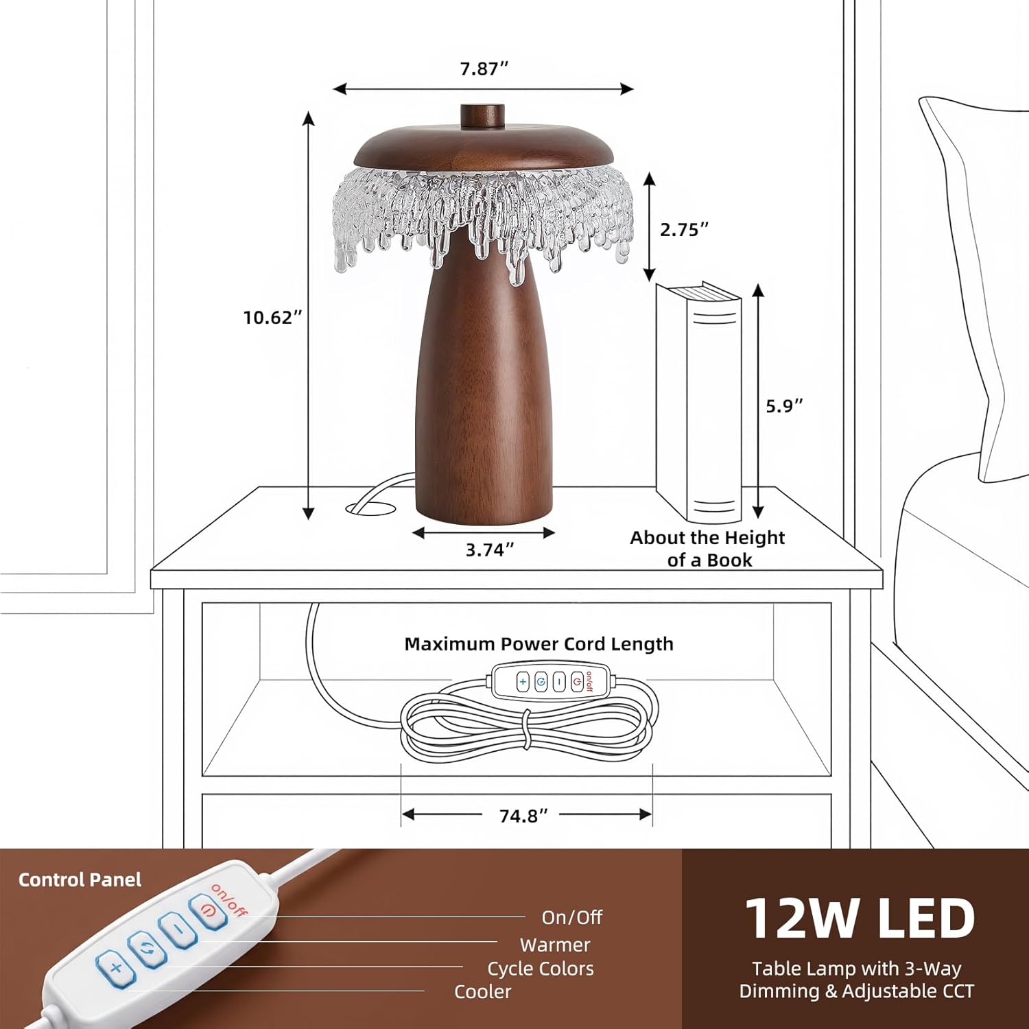 Wood LED Table Lamp,3 Color Temperature Table Lamps,12W Modern Table Lamp Plug-in Bedside Lamp for Bedroom, Nightstand, Living Room
