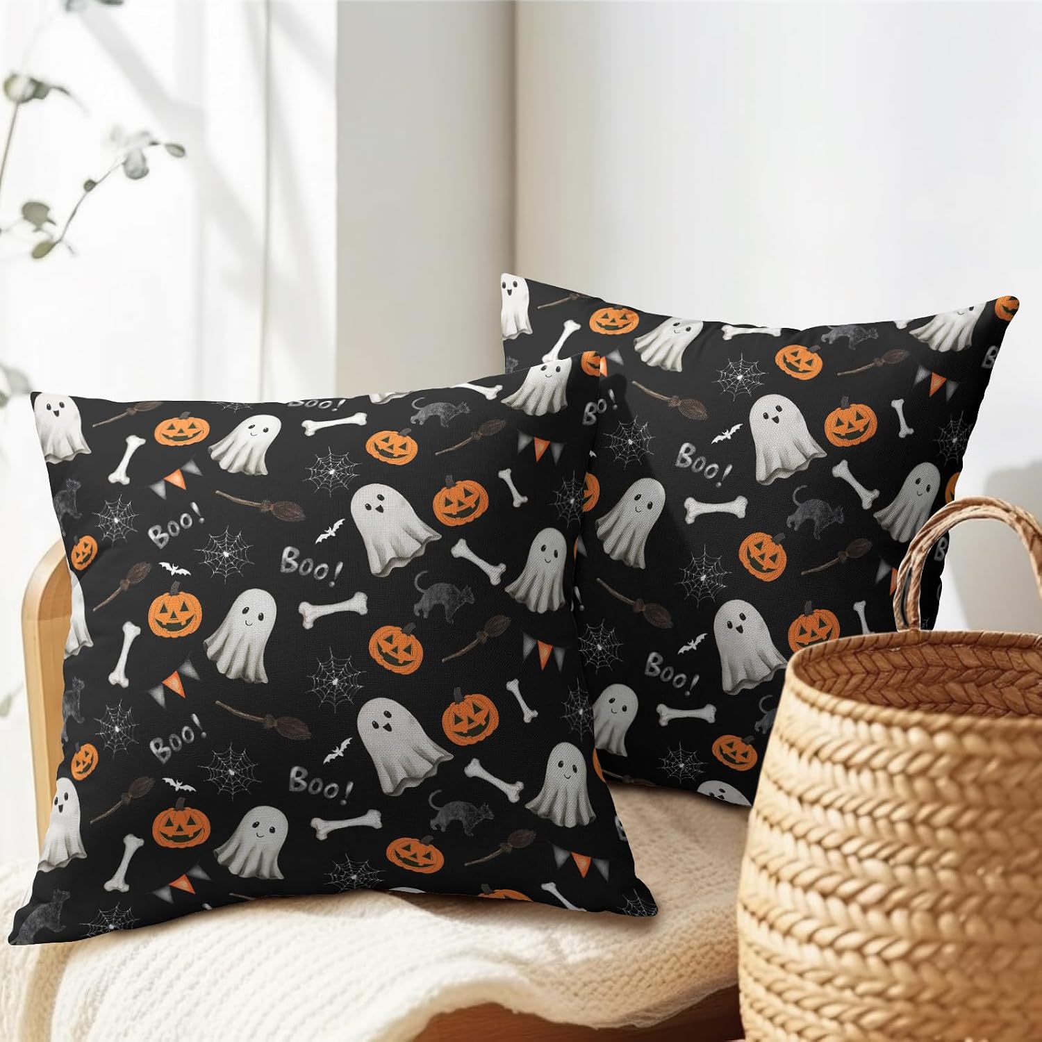 Halloween Throw Pillow Covers 20X20 Inch 2 Packs Boo Cute Ghost Orange Pumpkins Bat Web Decorative Black Pillow Cases Holiday Cotton…