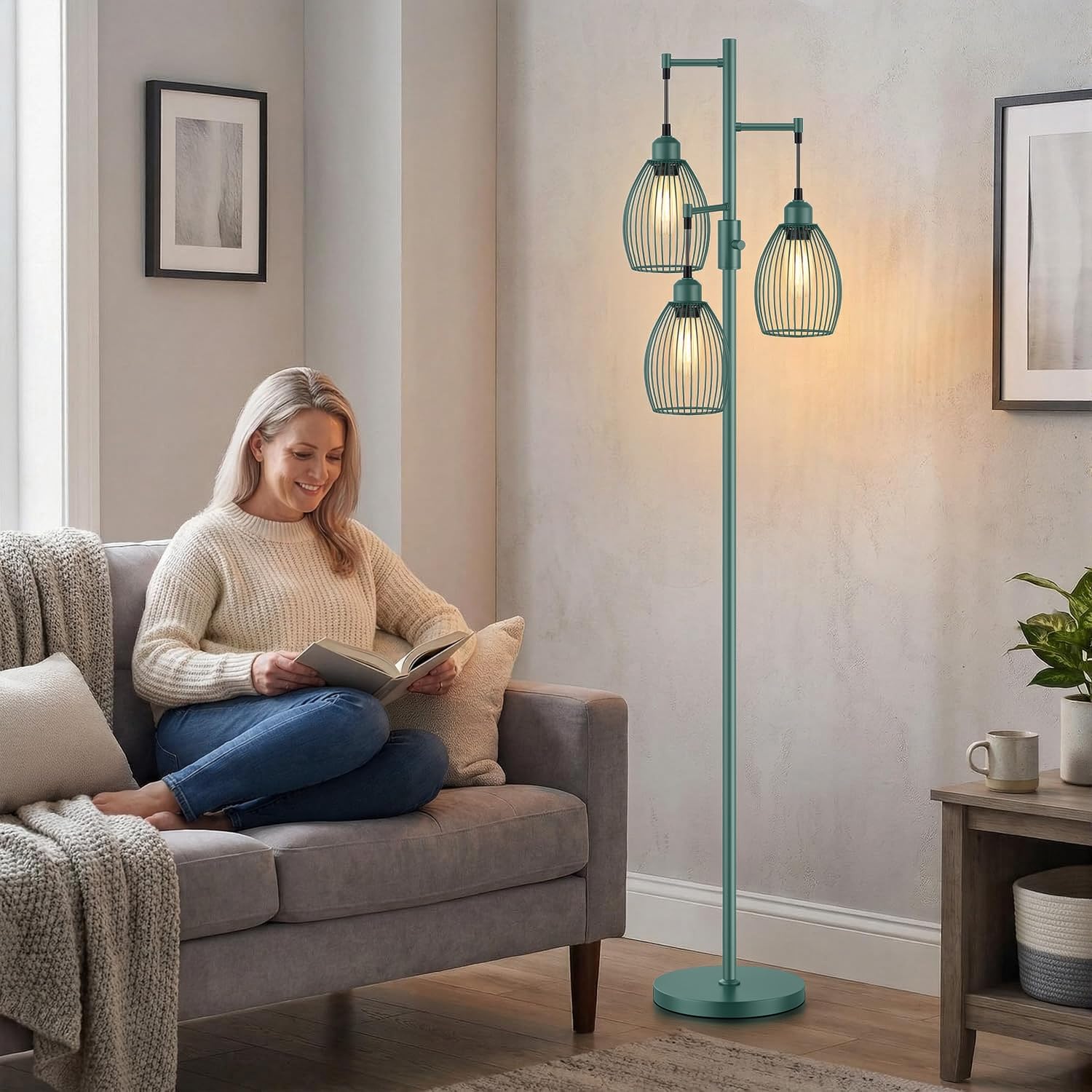 Dimmable Floor Lamp, Industrial Floor Lamps for Living Room, Green Tree Lamp Standing Lamp Tall Lamps with 3 Elegant Teardrop Cage Head &…