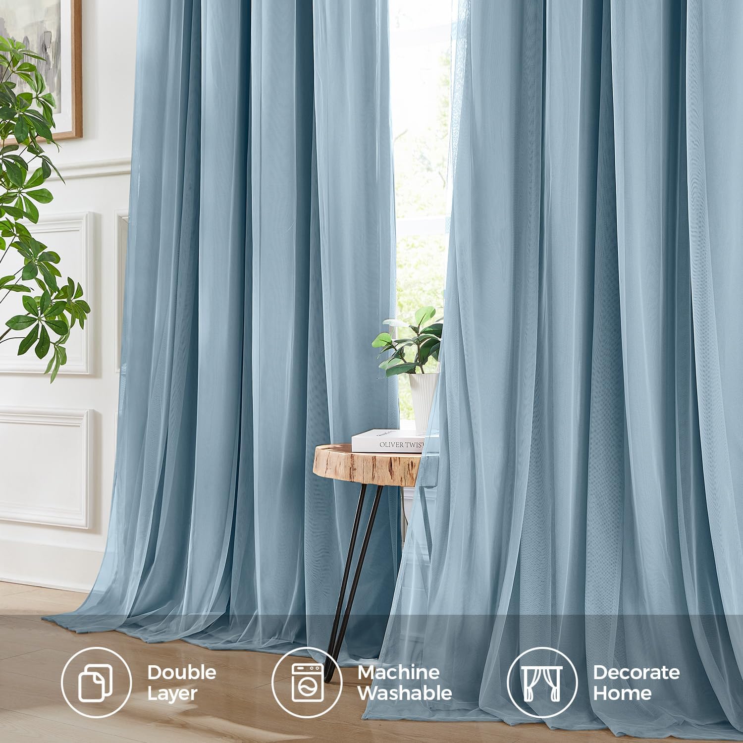 Swandream 100% Blackout Curtains for Bedroom, Double Layer Blue Curtains, Black Out Curtain 108 inch Long with Sheer Overlay for Living Roo…