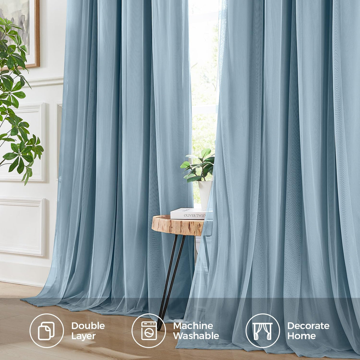 Swandream 100% Blackout Curtains for Bedroom, Double Layer Blue Curtains, Black Out Curtain 96 inch Long with Sheer Overlay for Living Room…