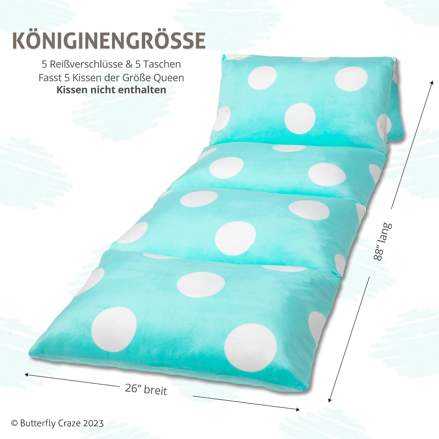 Butterfly Craze Floor Pillow Case, Mattress Bed Lounger Cover, Polka Aqua, Queen Size - Cozy Seating Solution for Kids & Adults, Recliner…