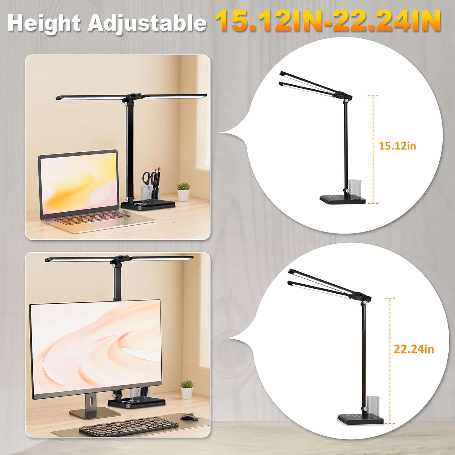 CHARYJOD Retractable Dimmable LED Desk Lamp with USB Charging Port, 50 Lighting Modes Dual Swing Arm Architect Adjustable Table Lamp…