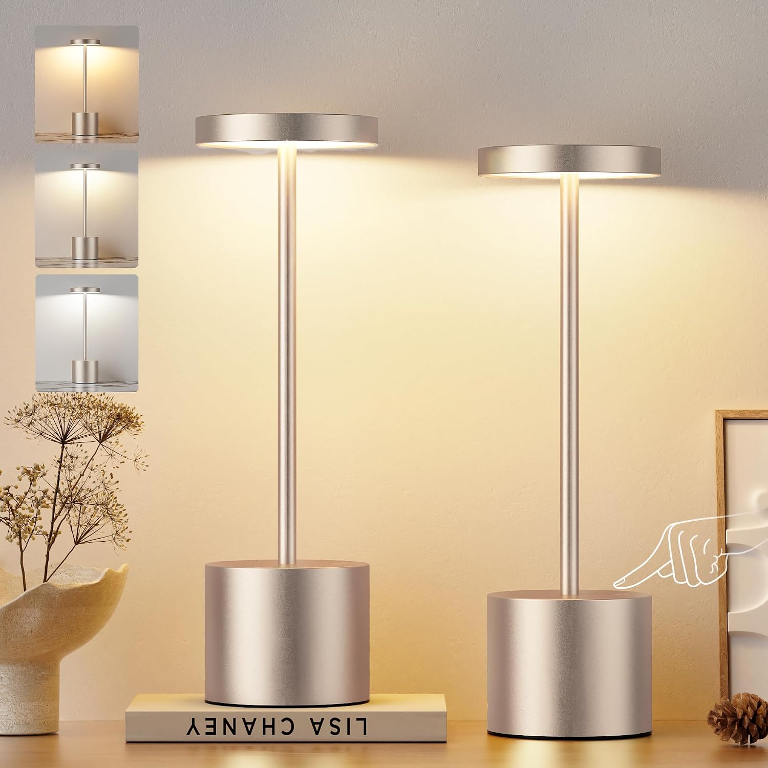 Kakanuo Cordless Table Lamp, 4000mAh Rechargeable Battery Powered Lamps, 3 Color Stepless Dimming, Wireless Outdoor Lamps for Dining…