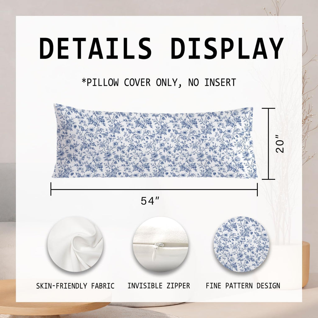 Vintage Chinoiserie Blue Floral 20x54 Body Pillow Cover, Blue and White Home Decor, Grandmillennial Flower Decorative Long Body Pillow…