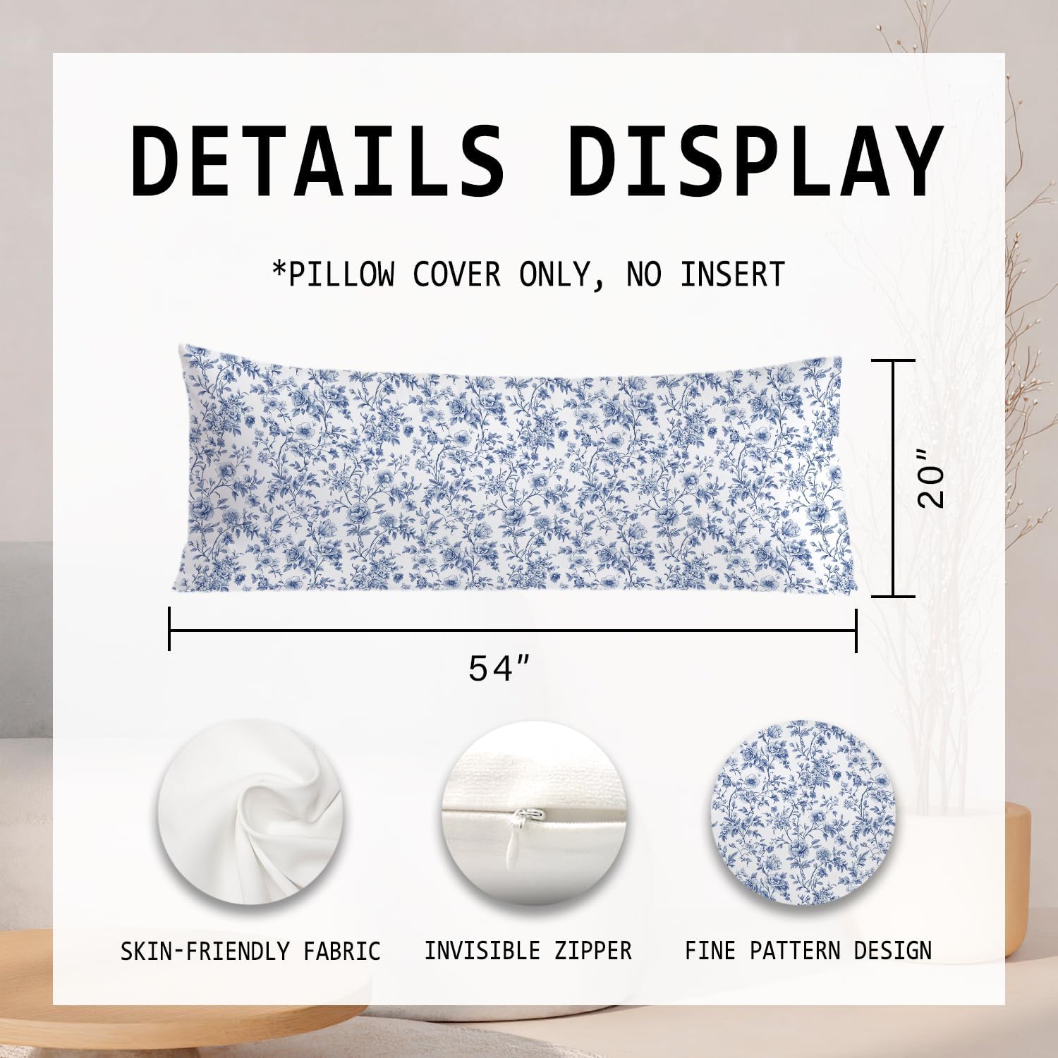 Vintage Chinoiserie Blue Floral 20x54 Body Pillow Cover, Blue and White Home Decor, Grandmillennial Flower Decorative Long Body Pillow…
