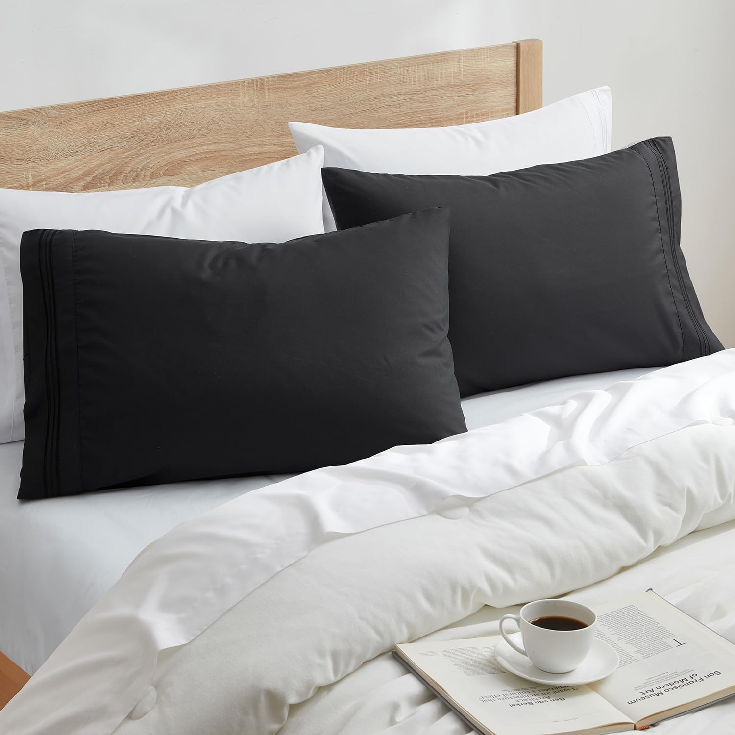Nestl Black Pillow Cases - Queen Size Set of 2, Soft 1800 Microfiber Pillow Cases, Envelope Closure, 20x30 Inches cotton Black
