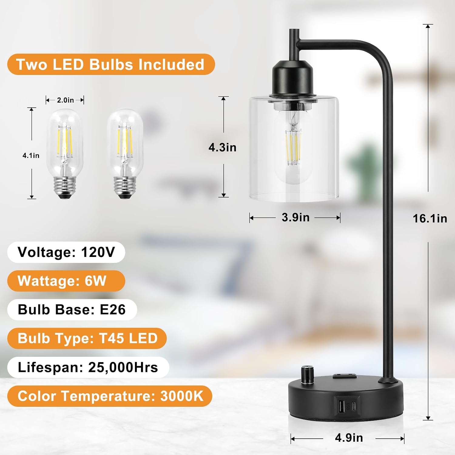 Industrial Nightstand Lamps for Bedrooms Set of 2 - Fully Dimmable Bedside Lamps with USB A C Ports and Outlet, Black Table Lamps with…